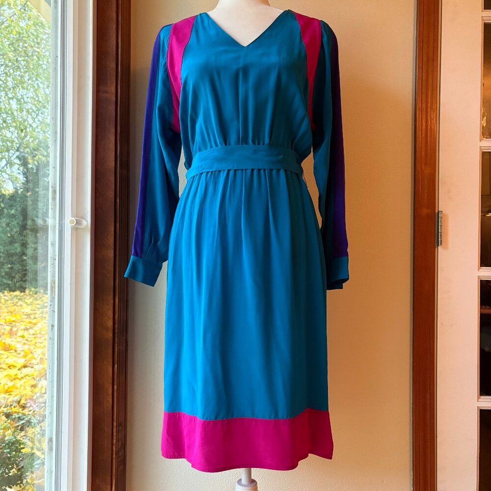 VTG 80s Argenti 100% Silk Midi Dress Colorblock Teal Barbie Pink Mrs. Wheeler